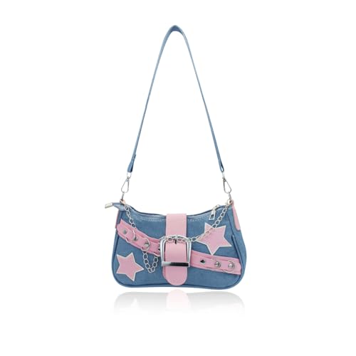 AfitLulu Klein Umhängetasche Damen Denim Schultertasche mit Handkette und Abnehmbarem Schultergurt, Halbmond Tasche Y2K Tasche Modisch Handtasche mit Reißverschluss (Blau)