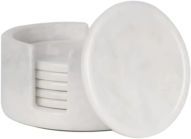Handmade Natural Marble Coaster Set with Holder – 6 Round Polished Onyx Stone Coasters for Drinks, Table Protection & Home Decor – Elegant Gift (White)