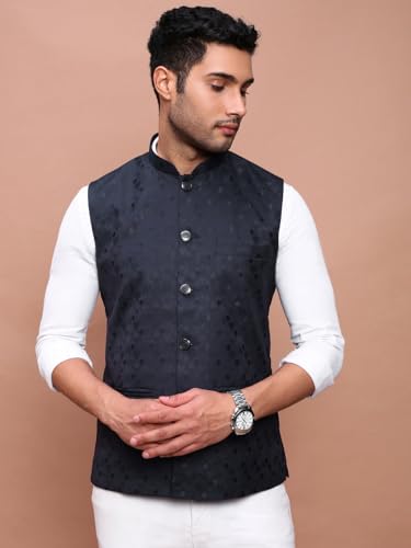 Image of SHOWOFFFF Men Woven Design Ethnic Nehru Jacket | Mandarin Collar Sleeveless Cotton NehruJacket for Mens | Slim Fit Regular Length NehruJackets for Men's