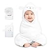 CuddleBug Hooded Baby Bath Towel & Washcloth Set Bear - 100% Cotton Terrycloth Hooded Baby Towels for Newborn & Toddler - Super-Soft & Absorbent, Newborn Essentials 33" x 33" - White Lamb