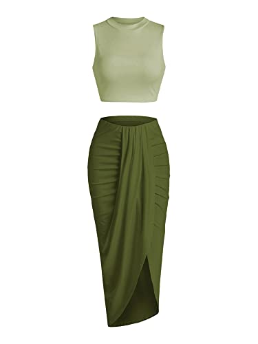 Image of ZAFUL Women's Casual Sleeveless Summer Two Piece Outfits Crop Top and Side Split Draped Ruched Maxi Skirt Set Solid Suiting