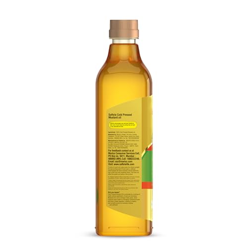 Image of Saffola Cold Pressed Mustard Oil | 100% Cold Pressed Mustard Seed Oil | Helps Manage Cholesterol, Goodness of Omega 3 with Authentic Seed Flavour | 1L Pet Bottle (Pack of 5)