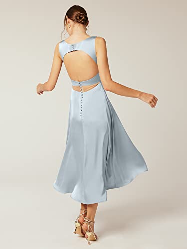 Alicepub Boat Neck Baby Blue Bridesmaid Dresses Tea Length Formal Party Dress For Women, Custom Size #TOP1