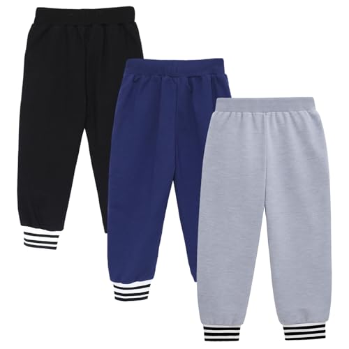 HILEELANG Toddler Boys Cotton Jogger Sweatpants 3 Pack, Soft Adjust Elastic Waist Pants with Pockets, Sizes 12M-7T3