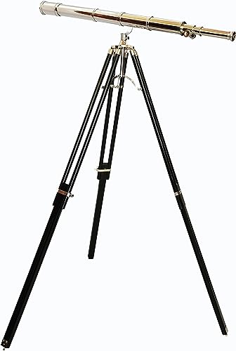 Chrome/Nickel Finish Nautical Telescope Arc Design Floor Standing Black Wooden Tripod Stand