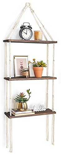 Mkono Macrame Wall Hanging Shelf 3 Tier Wood Floating Shelves With Cute Woven Rope Boho Room Decor Display Photos Plant Hanging Storage Shelves For Bathroom, Bedroom, Living Room, Nursery #TOP24