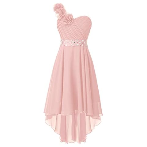 iEFiEL Blumenmädchen Kleid Mädchen Festlich Hochzeit mit EIN-Schulter Brautjungfern Kleider lang Elegante Abendkleid Festkleid Festzug X Rosa Cover