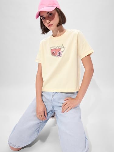 Image of The Souled Store Priori-Tea Women and Girls Short Sleeves Round Neck Yellow Embroidered Cotton Relaxed Fit T-Shirts