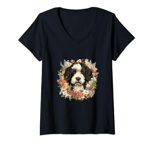 Portuguese Water Dog With Flowers Vintage Pastel Floral V-Neck T-Shirt