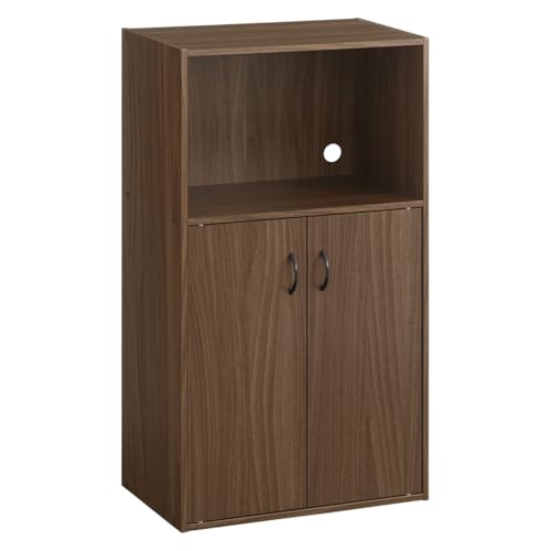 ぼん家具 [完成品] 棚 ラック 扉付き オープンラック オープンシェルフ 隠す収納 スリム コード穴 ウォールナット