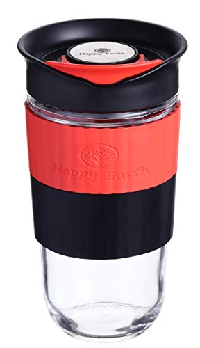 GUSTO L (Lustre) de Happy Earth (540 ml, taza de viaje de vidrio de borosilicato con funda de silicona y tapa a prueba de salpicaduras, sin BPA)