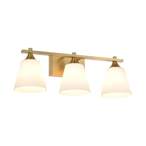 Image of Brass Bathroom Vanity Light Fixtures, 3 Lights Traditional Gold Vanity Lighting Fixture with Opal Glass Shade, Porch Wall Mount Light Fixture for Bathroom, Mirror Cabinets Hallway Stairs, Aged Brass