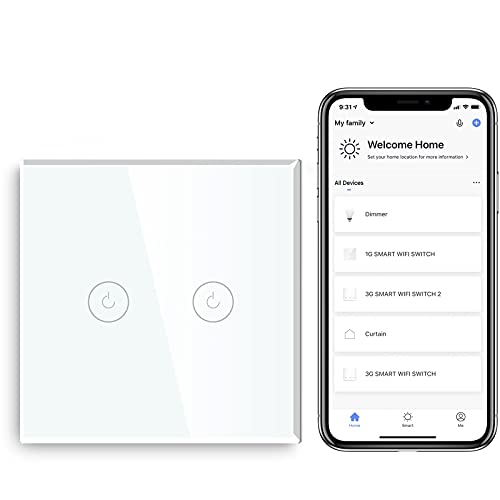 BSEED Interruptor de Sensor T�ctil WIFI Inteligente (Se Requiere L�nea Neutra) Alexa y Google Home Work con Tuya Para Interruptores de Luz de Pared con Placa de Cristal Negro 2 Gang 1 V�a Blanco