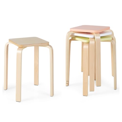 Image of COSTWAY 18-Inch Stackable Wooden School Stools Set of 4, Assorted Color | Portable Backless School Chairs with Square Top, Anti-Slip Felt Mats, Stacking Stools for Classroom, Dining Room, Kitchen