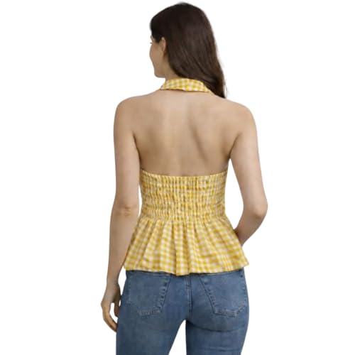 Image of Muhib Women's Halter Neck Sleeveless Cotton Top | Black & White Gingham Check Twist Front Summer Top | Stylish Casual Crop Blouse for Women