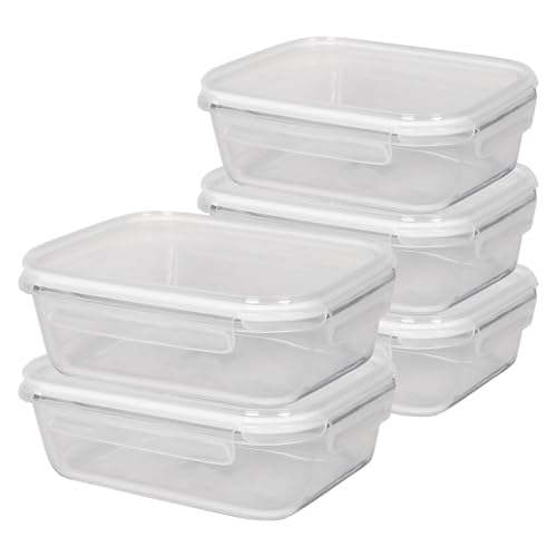 Harbour Housewares 1.5 Litre Glass Food Storage Containers with Lids - Clear/White - 5x Large Reusable Airtight Meal Prep Lunch Box Takeaway Cereal Pantry Tubs Set | Safe for Freezer and Microwave