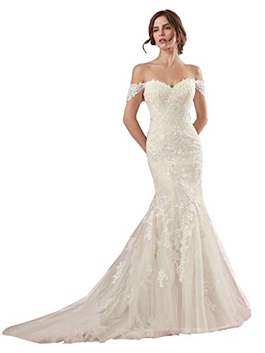 RYANTH Off Shoulder Mermaid Wedding Dresses for Bride 2024 Lace Boho Beach Open Back Bridal GownsWDD98