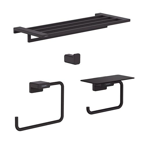 AddStoris Accessory Kit with Towel Rack, Towel Ring, Toilet Paper Holder w/Shelf, and Single Hook in Matte Black