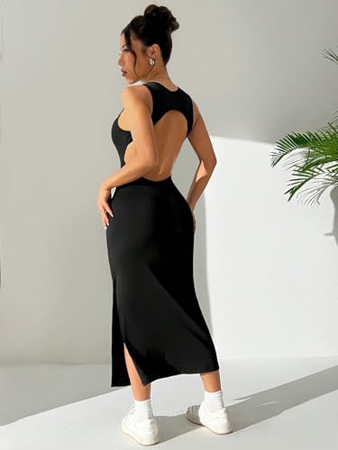 Image of Aahwan Women Bodycon Black Solid Simple Sleeveless Fish Tail Hem Backless Dress