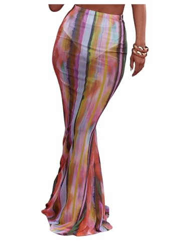 SHENHE Women's Sheer Maxi Skirt Tie Dye High Waisted Bodycon Colorful Long Fishtail Skirt
