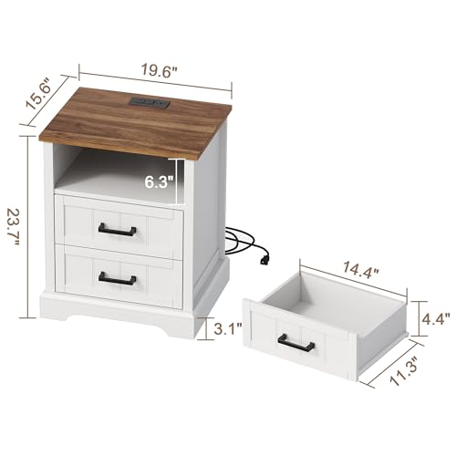 ChooChoo Farmhouse Night Stands with Charging Station, Wood Nightstand Set of 2 with 2 Drawers, Bedside Table with Open Storage Shelf for Bedroom, White - Image 4