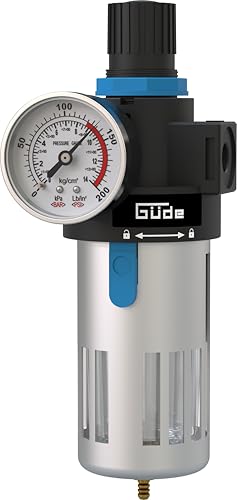 Güde Filter-Druckminderer 1/4 (Anschlussgewinde IG 1/4', max. Arbeitsdruck 10 bar, zum Anbau an Kompressoren/Druckluftleitungen, mit Wasserabscheider, Ablassventil & Manometer)