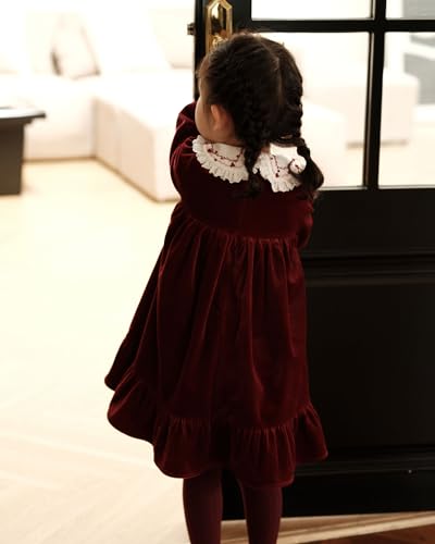 Twoflower Baby Girls' Dresses,Toddler Vintage Christmas Party Velvet Fall Dress with Long Ruffle Sleeve and Peter pan Collar3