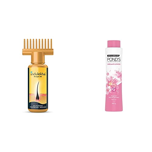 Indulekha Bhringa Hair Oil, 100ml And POND’S Dreamflower Fragrant Talcum Powder, Pink Lily, 400 g