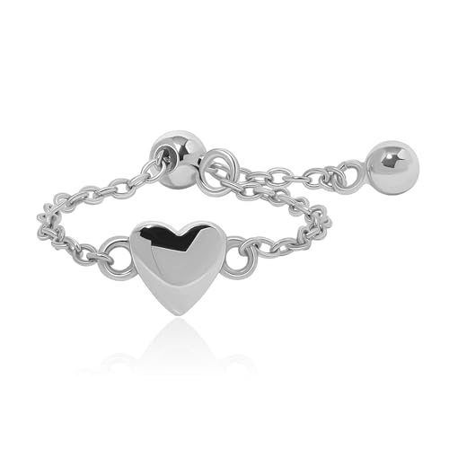 Meissa Anello Statement con Catena a Link a Forma di Cuore e Pendenti con Perline Regolabile in Argento Sterling 925 con Frange Anello da Matrimonio e Impilabile Moda, Argento