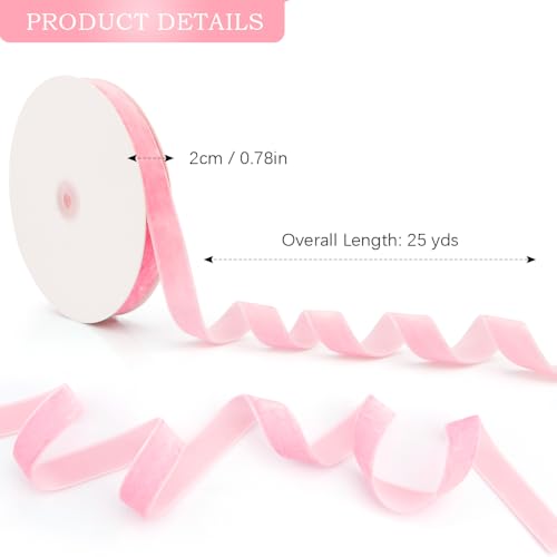 20mm x 25Yard Thick Velvet Ribbon - Christmas Ribbon for Tree Pink and Wide - Image 2