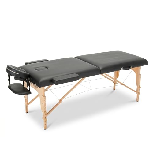 MEISHIDA Massage Table Massage Bed Portable 15 KG Light Weight 2 Section Foldable Lash Facial Care Spa Bed Height Adjustable Sturdy Wooden Frame with Accessories Carrying Bag (Black)