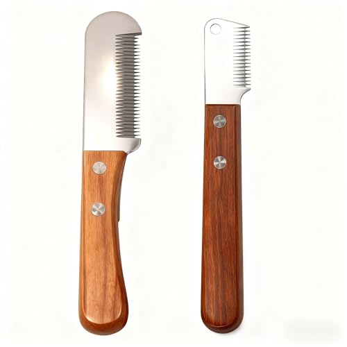 Carding Knife for Dog Grooming Undercoat Removal Comb for Terriers and Double Coated Breeds 2 Piece Fine and Coarse Wooden Handle Set for Professional Groomers and Home Use
