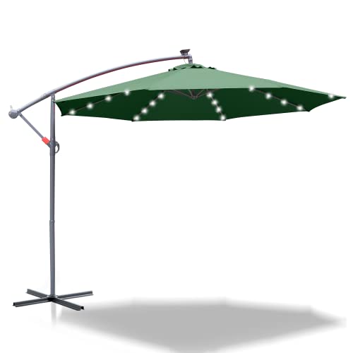 Joparri Ombrellone parasole a LED in alluminio, colore verde Ø 350 cm, con manovella, ombrellone con supporto, protezione solare dai raggi UV, in alluminio, per mercato, impermeabile