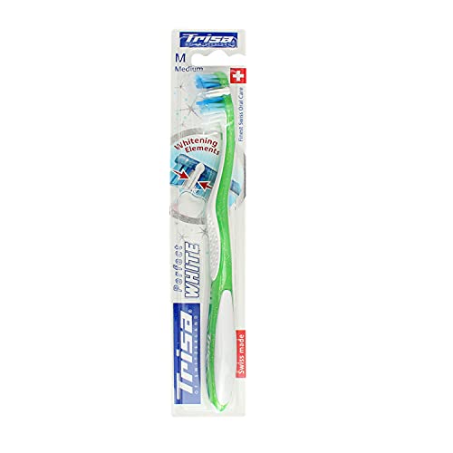 Image of Trisa Perfect White Medium Toothbrush | Whitening Bristles for Stain Removal | Ergonomic Non-Slip Handle | Natural Teeth Whitening | Medium Bristles | Assorted Color