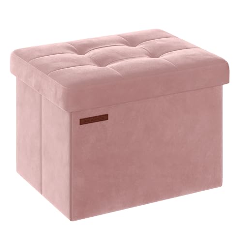 SONGMICS Storage Ottoman, Foldable Small Ottoman Foot Rest, 12.2 x 16.1 Inches Foot Stool, Load up to 286 lb, for Living Room, Bedroom, Dorm, Jelly Pink ULSF200R01