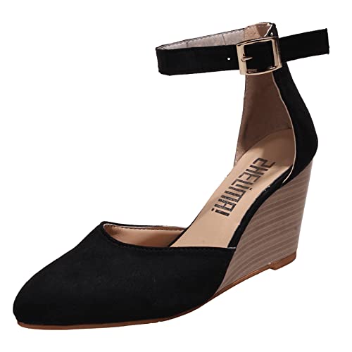 Closed Toe Wedges Heels for Women Dressy Platform Wedge Sandals Ankle Strap Heeled Espadrilles Sandals Ladies Comfortable Cork Summer Dress Shoes for Beach Wedding