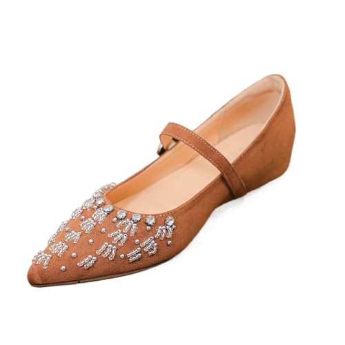 Women's Suede Rhinestone Decorated Flat-Soled Shallow Mary Jane Shoes Elegant Pointed Toe Heightened Non-Slip Party, Date Retro Shallow Shoes with Buckle Strap