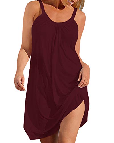 kenoce Vestido Verano Mujer Mini Vestido Sin Mangas Cuello Redondo Moda Casual Tallas Grandes Vestidos Elegantes Vestido de Playa Sexy Vestido F-Vino Tinto M