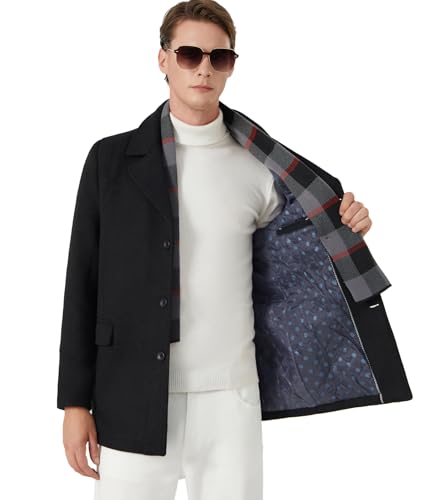 INVACHI Mens Wool Blend Coat Winter Trench Coat with Detachable Soft Scarf Single Breasted Overcoat