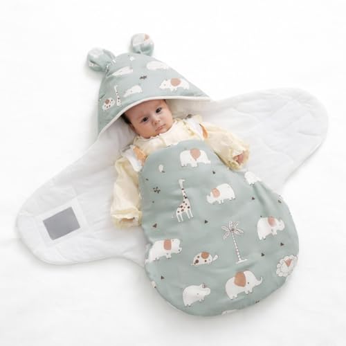 Image of VoiDrop Baby Swaddle Wrap for Newborn 0 to 9 Months, Baby Sleeping Bag with Hood, Muslin Swaddle for All Season, Animal Print-Green
