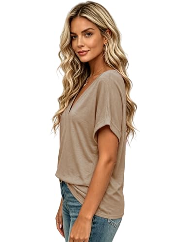 Image of T Shirts Short Sleeve V Neck Tees Womens Tops Beach Vacation Fashion Clothes 2026 Casual Summer Spring Fall Outfits
