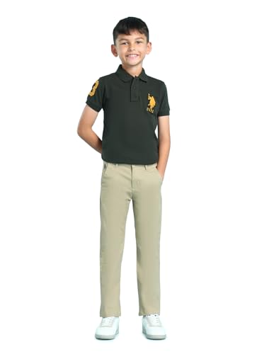 Image of U.S. Polo ASSN. Kids Trousers for Boys - Cotton Stretch Fabric, Mid-Rise Waist, Twill Weave Casual Trousers for Boys