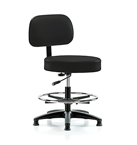 Image of Perch Stationary Walter Height Adjustable Exam Stool with Back and Foot Ring | Medium Bench Height 21-28.5 inch | Black Fabric