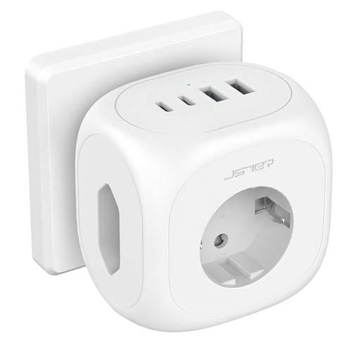 Mehrfachstecker für Steckdose JSVER Steckdosenwürfel mit 4 USB(2 USB C) Steckdosenadapter Power Cube Tragbar Steckdosenleiste 3-Fach Mehrfachsteckdose USB C für Zuhause/Büro/Reisen-Weiß