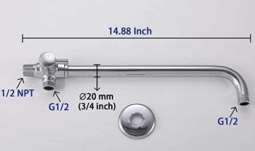 All Metal Wall-mount Diverter with Rainfall Shower Extension Arm and Shower Flange, 14 Inches Away from The Wall Perfect for Handheld Shower Head and Rainfall Shower Head (14\", Chrome)