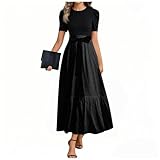 Vestidos Elegantes De Mujer para Fiesta,Summer Short Sleeve Floral Wedding Guest Dresses for Women with Belt Elegant Party Cocktail A Line Flowy Maxi Dress Casual Dresses for Women (Black,L)
