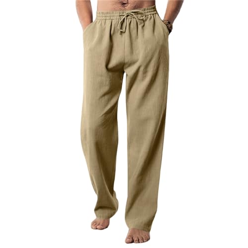 evzosrz Men's Casual Linen Pants Loose Fit Straight-Legs Stretchy Waist Hip Hop Beach Yoga Lounge Trousers with Pockets