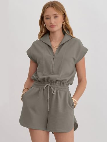 Image of Rompers for Women Summer Short Sleeve Half Zip Lapel Collar Jumpsuit Casual Drawstring One Piece Outfits with Pockets
