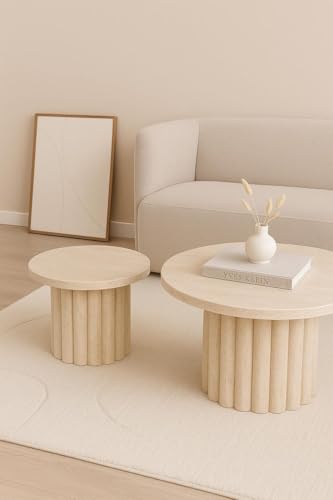 Image of WOODEN SPACE Wooden Coffee Table for Living Room | Modern Fluted Drum Center Table with Wood Grain Finish | Walnut Brown (Model 5)