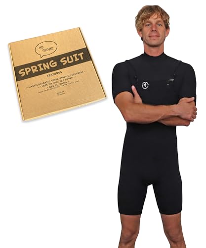 Ho Stevie! Men’s Short Sleeve Short Leg Surfing Springsuit - Chest Zip Spring Suit - Warm Superstretch 2mm Neoprene w/GBS Seams (Black 2mm, L (Large))